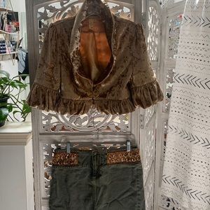 Gorgeous Velvet Gold Jewel Clasp Crop Jacket & Jewel Studded Denim Skirt
